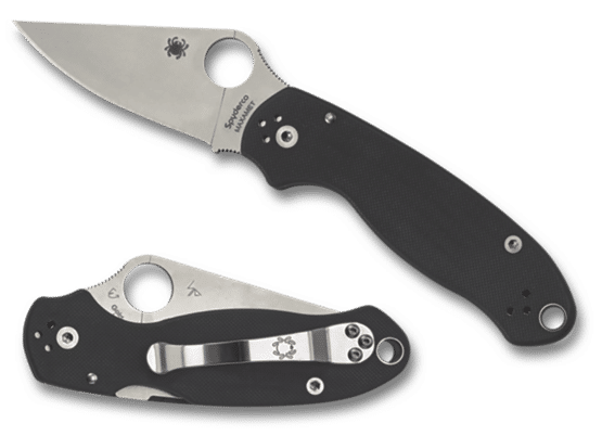 Spyderco Para 3 folding knife features a plain edge and black G10 handle